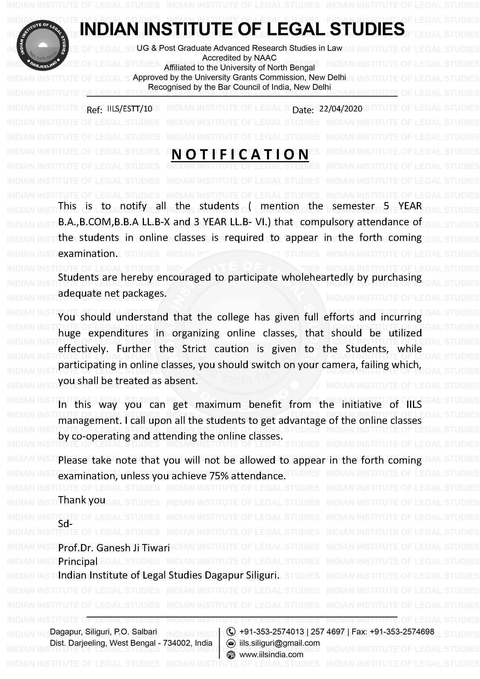 NOTIFICATION ABOUT ONLINE CLASSES